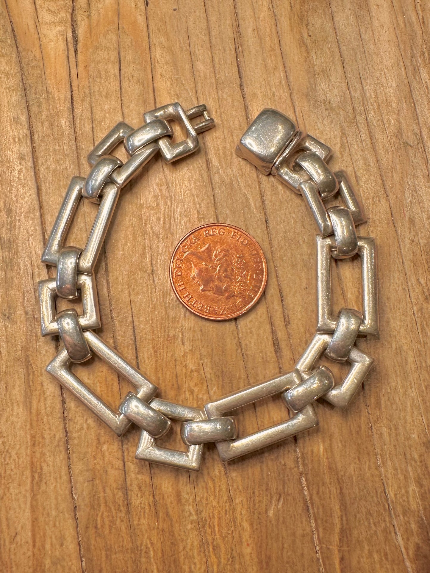 Abstract Square and Rectangle Heavy Link 925 Sterling Silver 7 inch Bracelet