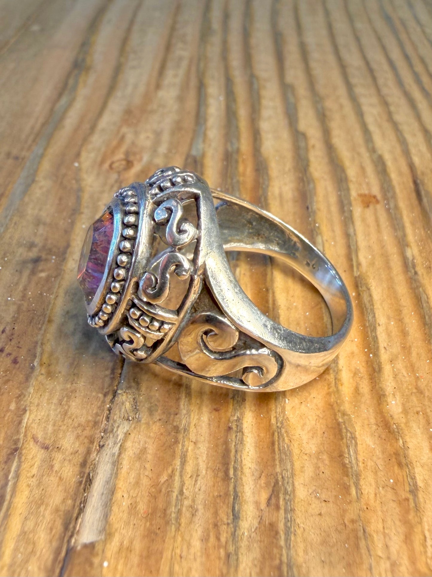 Mystic Topaz Ornate Filigree Swirl 925 Sterling Silver Size P Ring