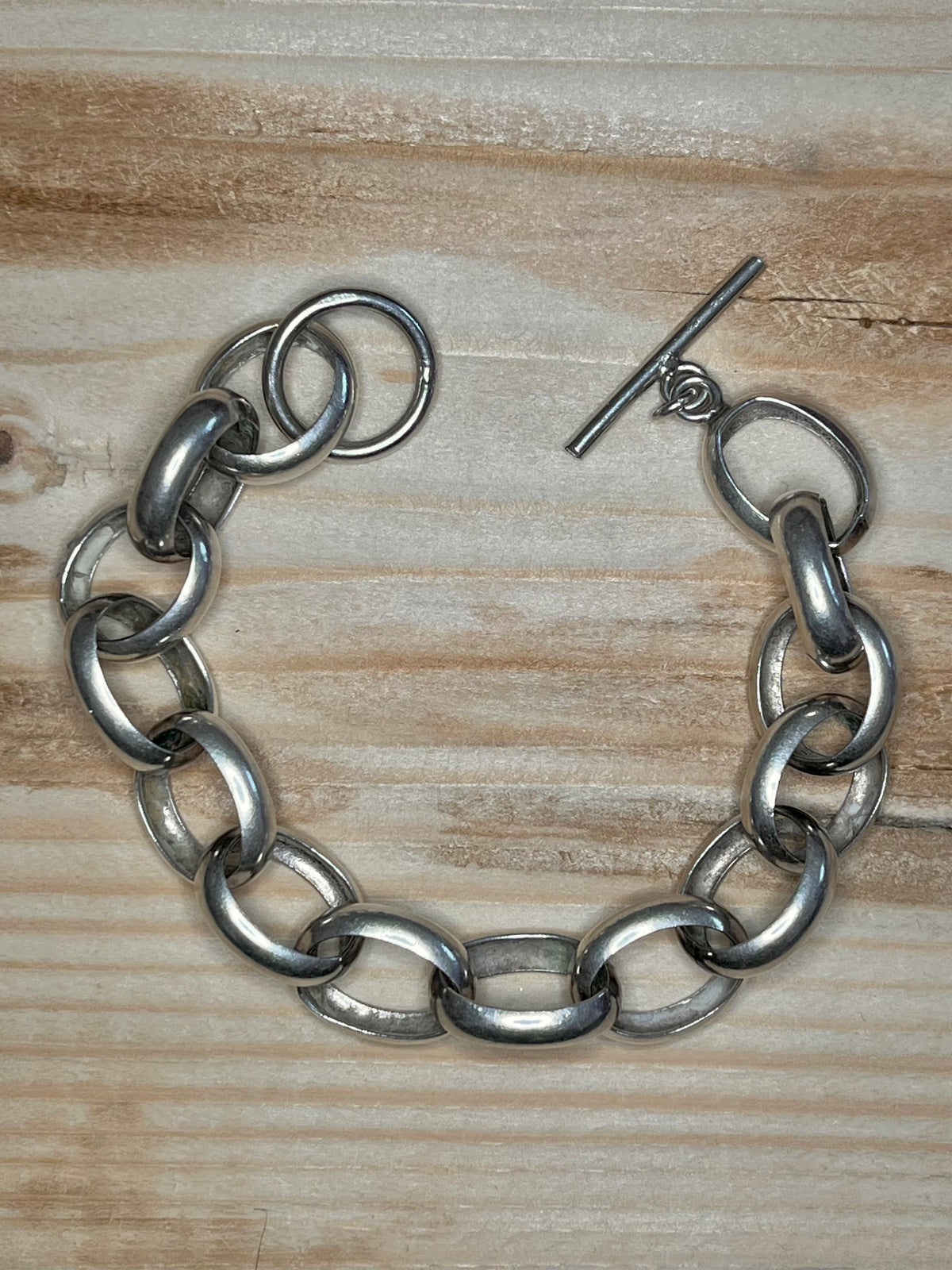 Chunky Round Link T-Bar Toggle 925 Sterling Silver 8.2 inch Bracelet