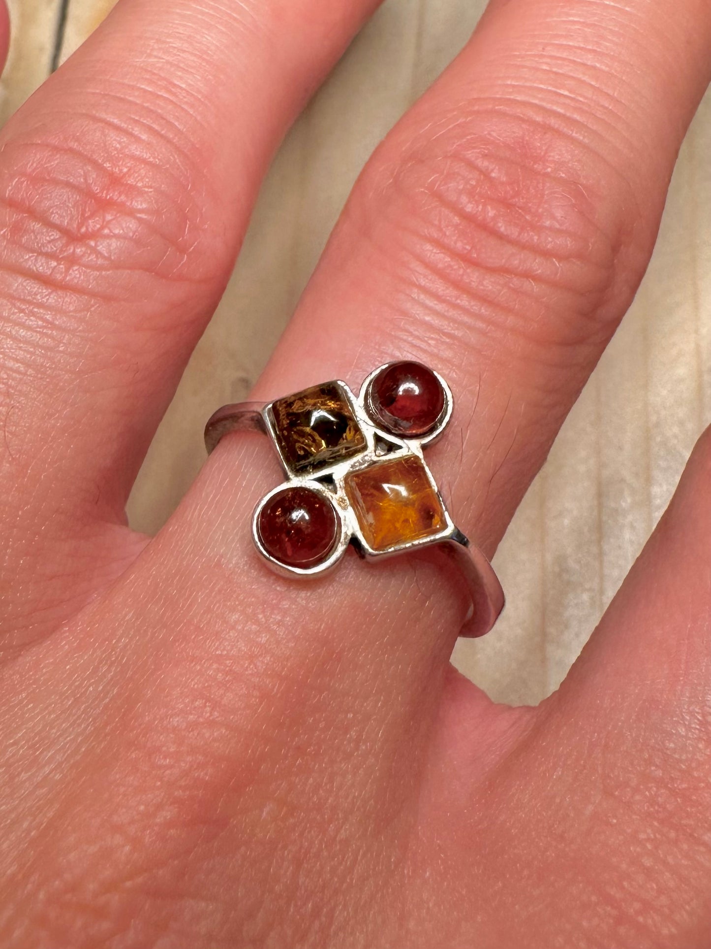 Baltic Amber Cluster 925 Sterling Silver Size Q Ring