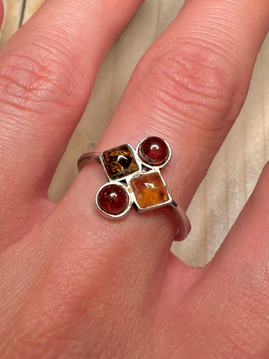 Baltic Amber Cluster 925 Sterling Silver Size Q Ring