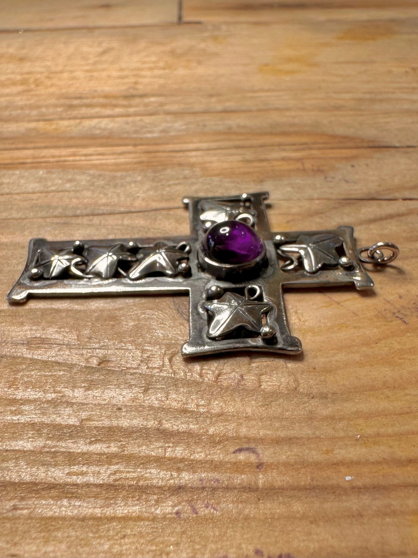 Vintage Amethyst Blatt-Design Kreuz 925 Sterlingsilber Anhänger