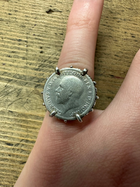 Vintage 1936 King George Pence Coin 925 Silver Size K Ring