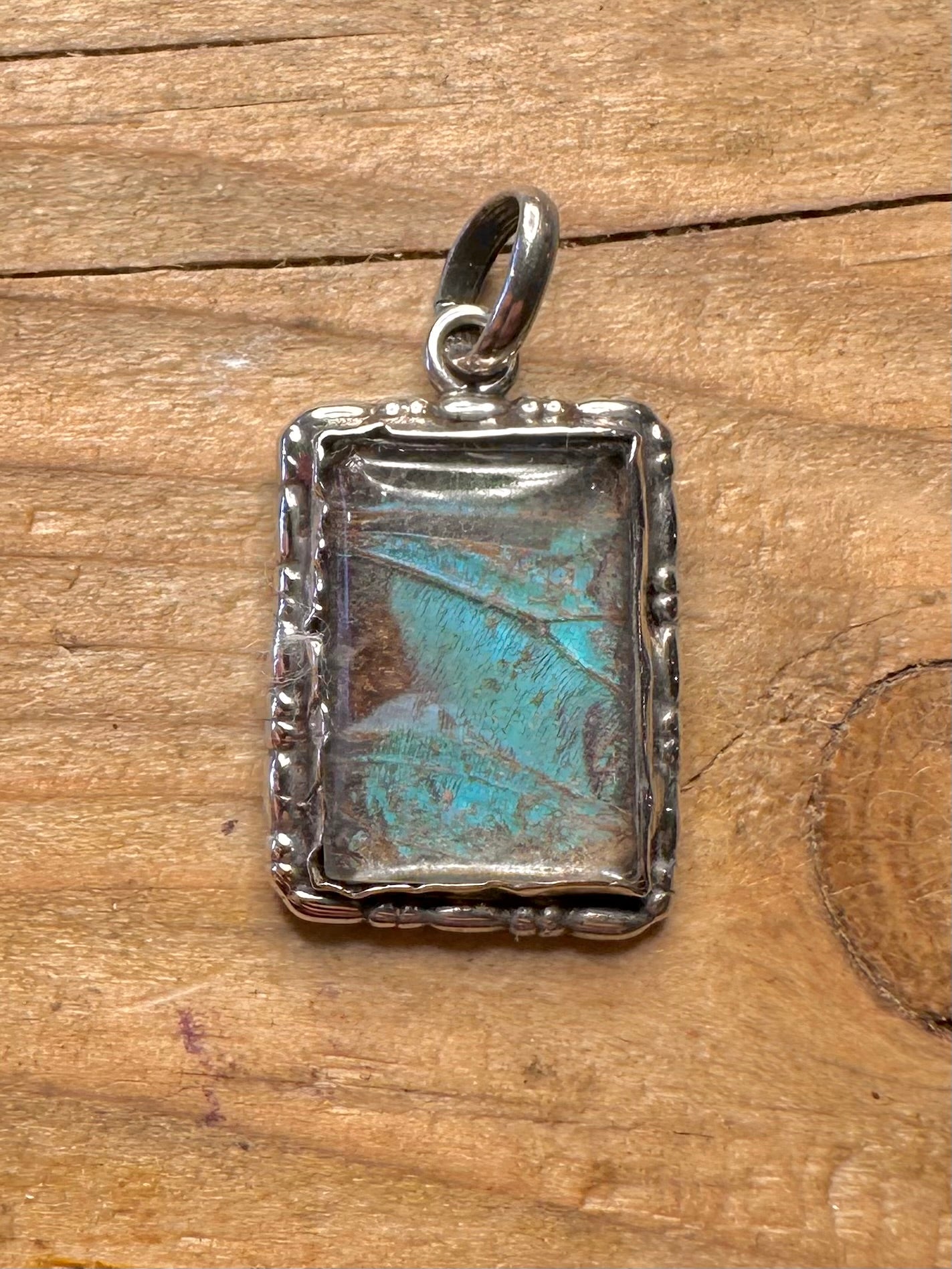 Vintage Butterfly Wing Textured Rectangle 925 Sterling Silver Pendant