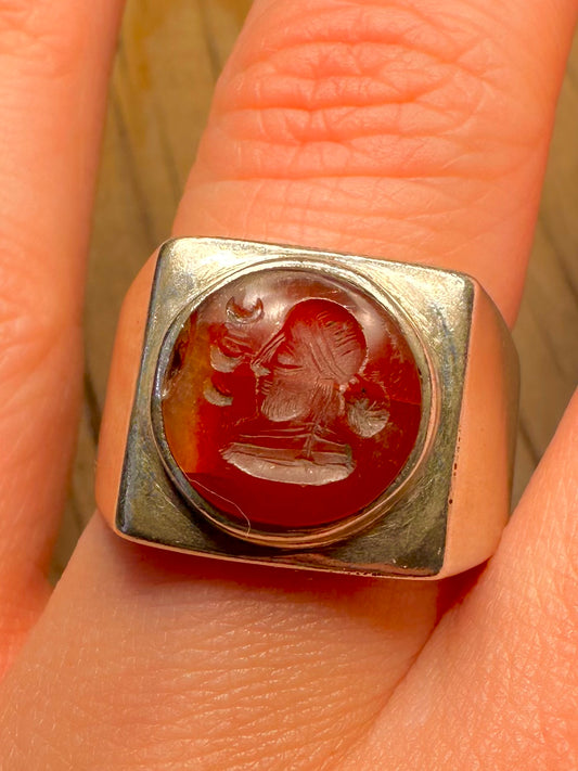Vintage Carnelian Intaglio Signet 925 Sterling Silver Size V Ring