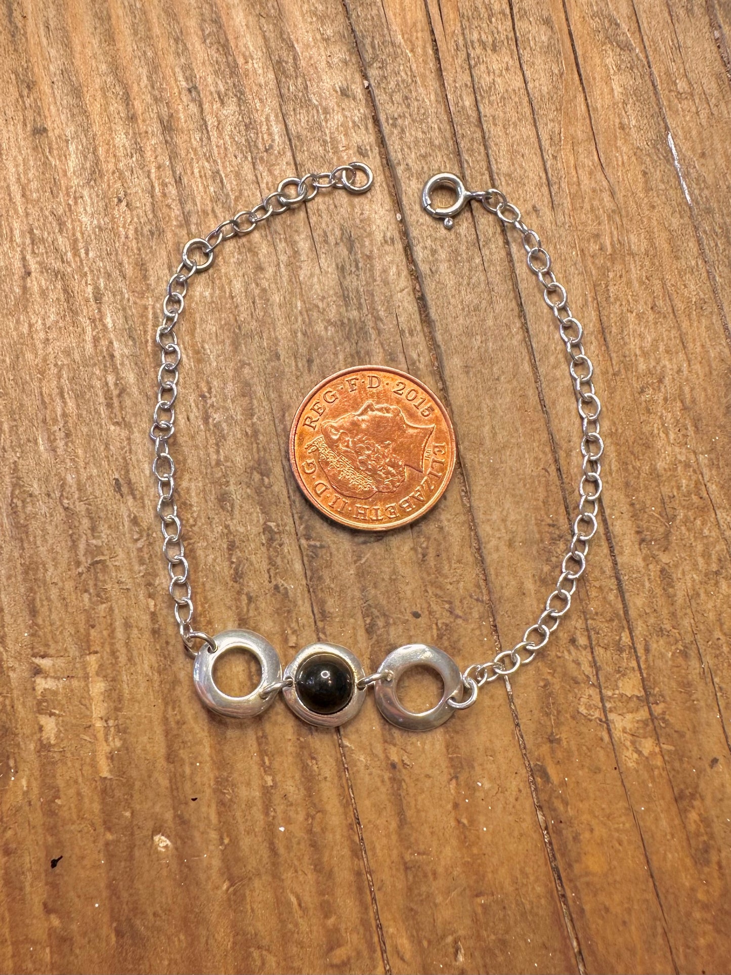 Black Stone Circle Link 925 Sterling Silver 6.5 to 7.5 inch Bracelet