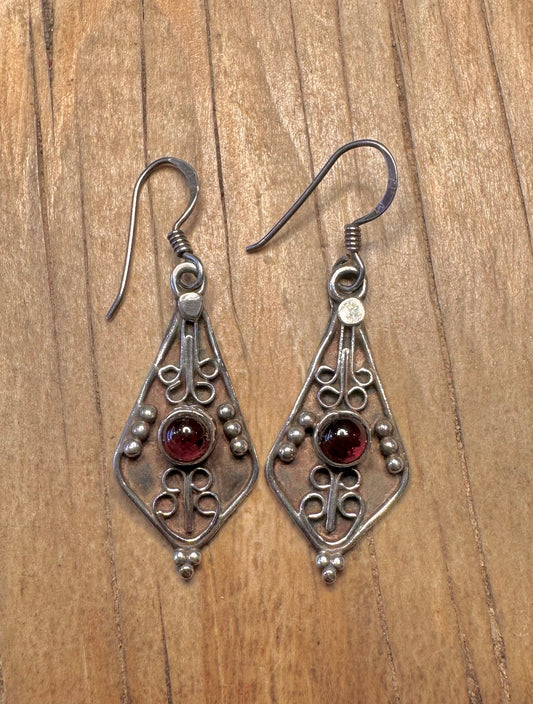 Vintage Garnet Boho 925 Sterling Silver Earrings