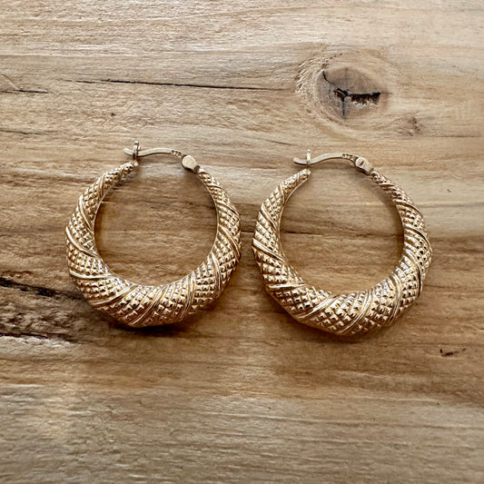 Vintage Textured Textured 9ct Gold Hoop Earrings