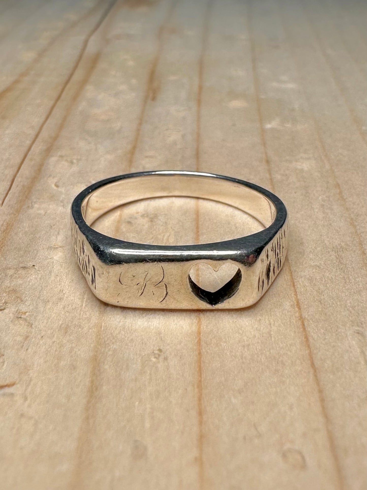 Heart Signet Bark Effect 925 Sterling Silver Size Q Ring
