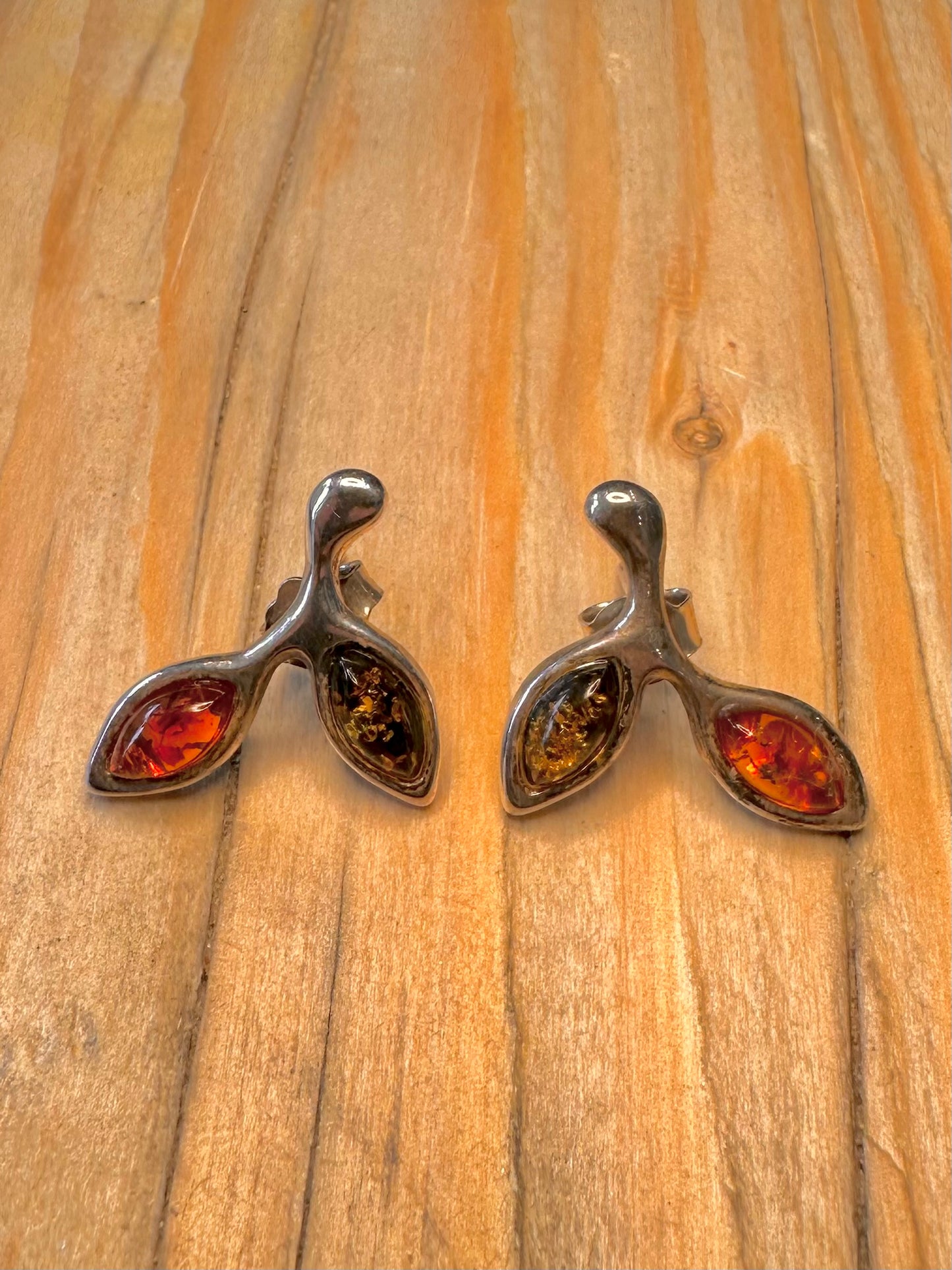Vintage Abstract Amber 925 Silver Earrings