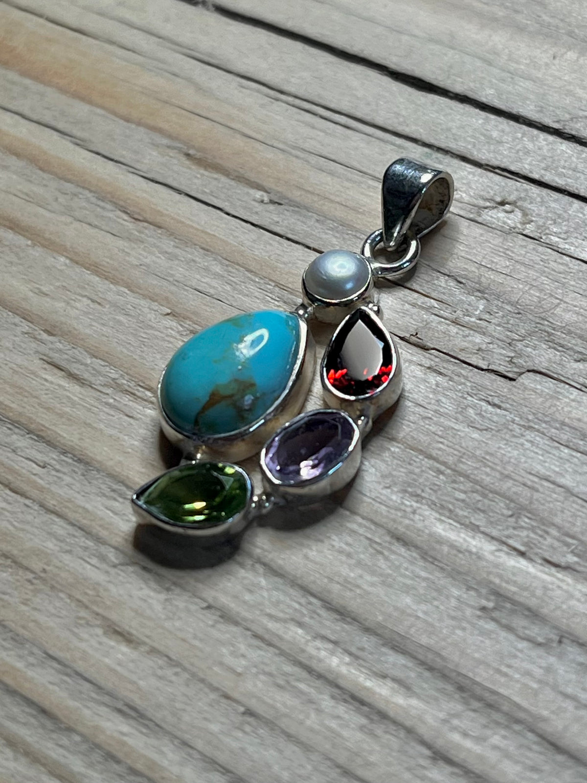 Mixed Gemstone Tear and Oval Shaped 925 Sterling Silver Pendant