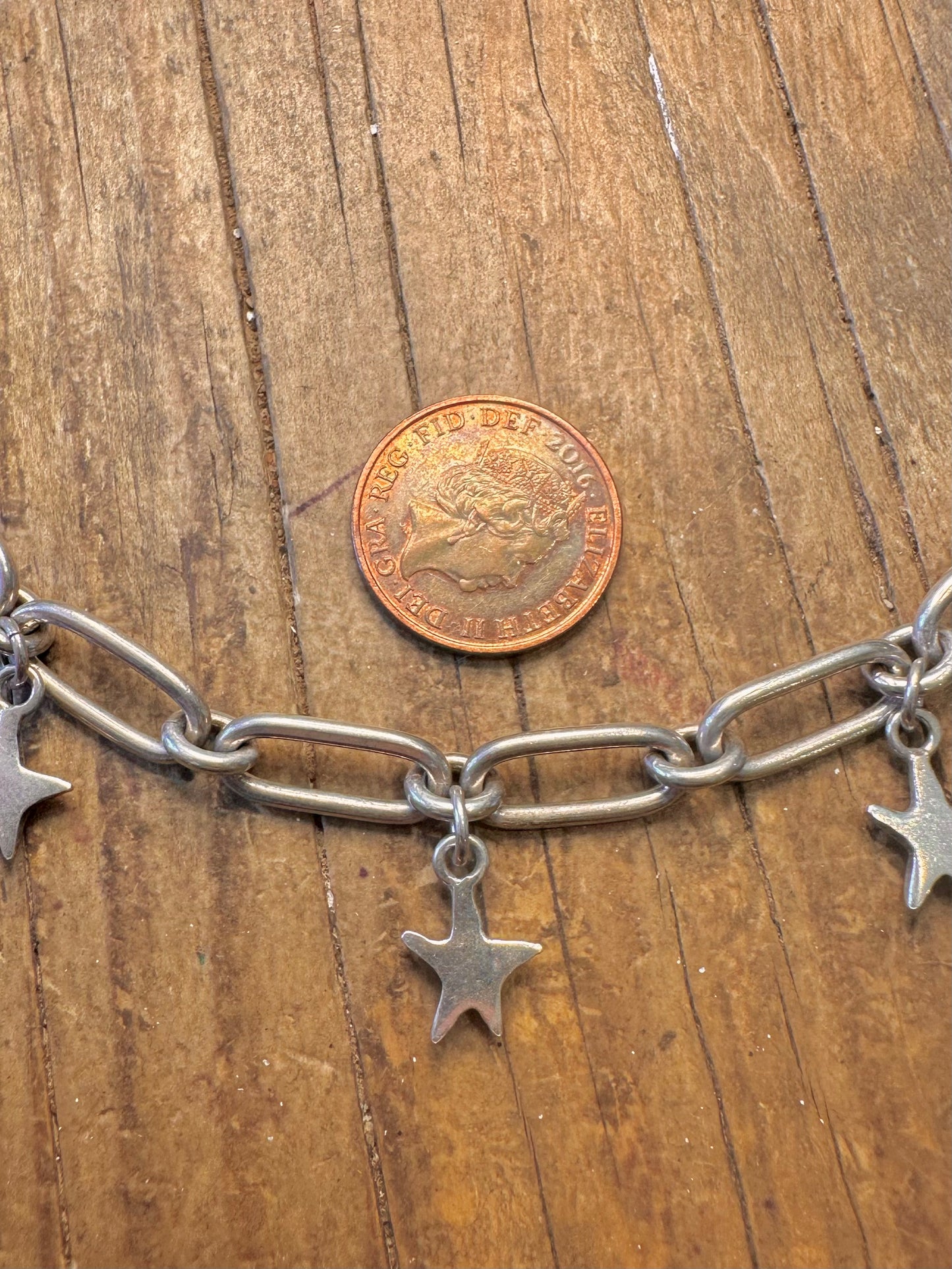 Paper Link T Bar with Star Pendants 925 Sterling Silver 7.5 inch Bracelet