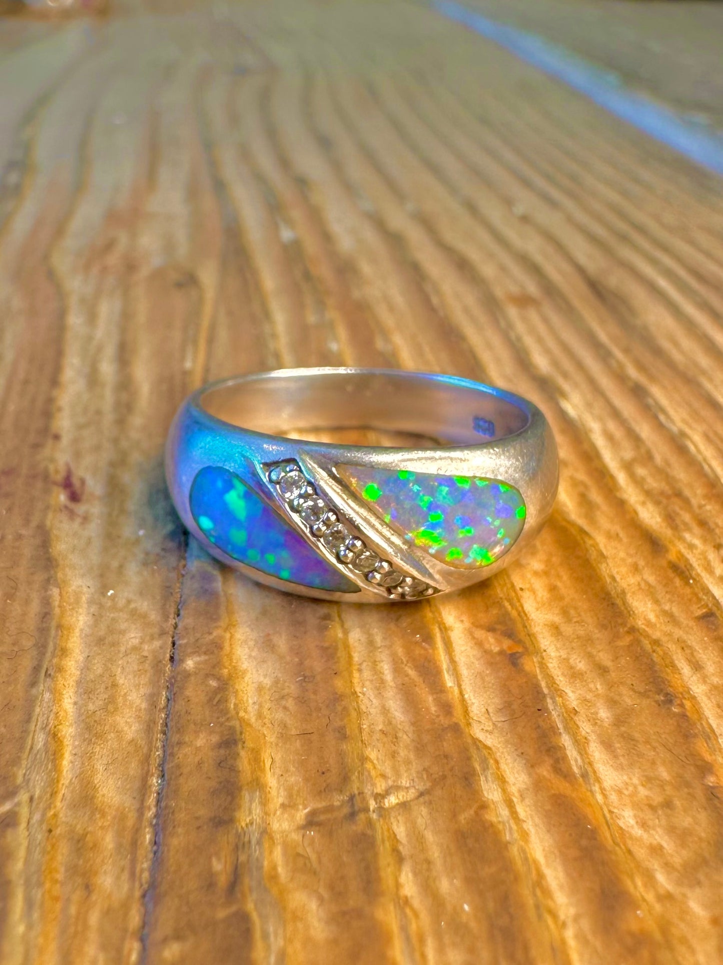 Opal Inlay and White CZ 925 Sterling Silver Size O Ring
