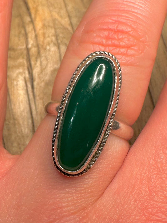 Vintage Green Elongated 925 Sterling Silver Size P Ring