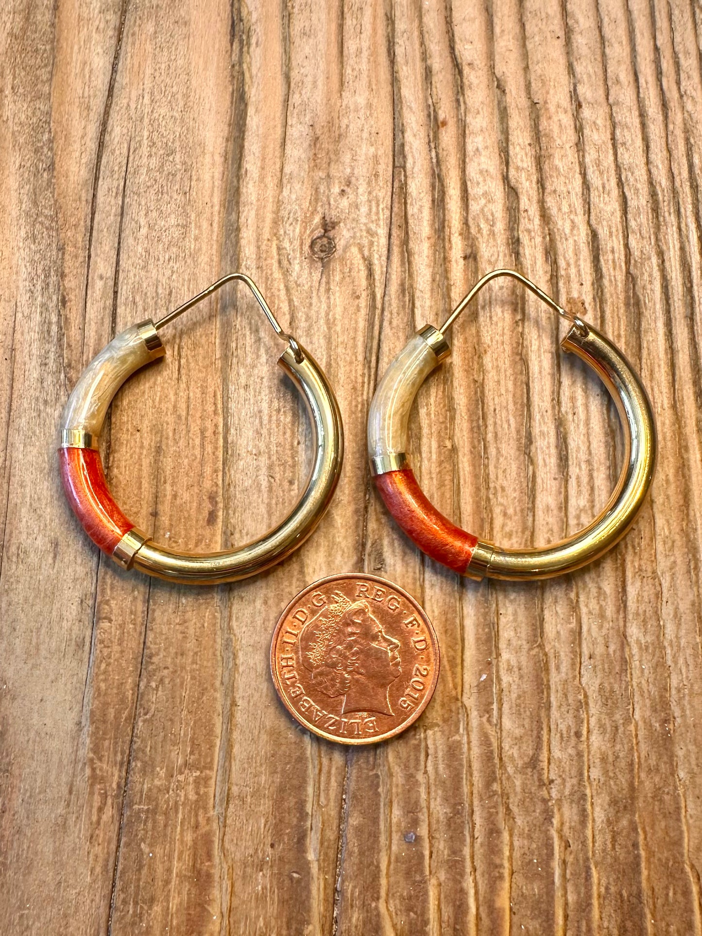 Chunky Red and White Resin Italian Gold on 925 Sterling Silver Hoop Earrings