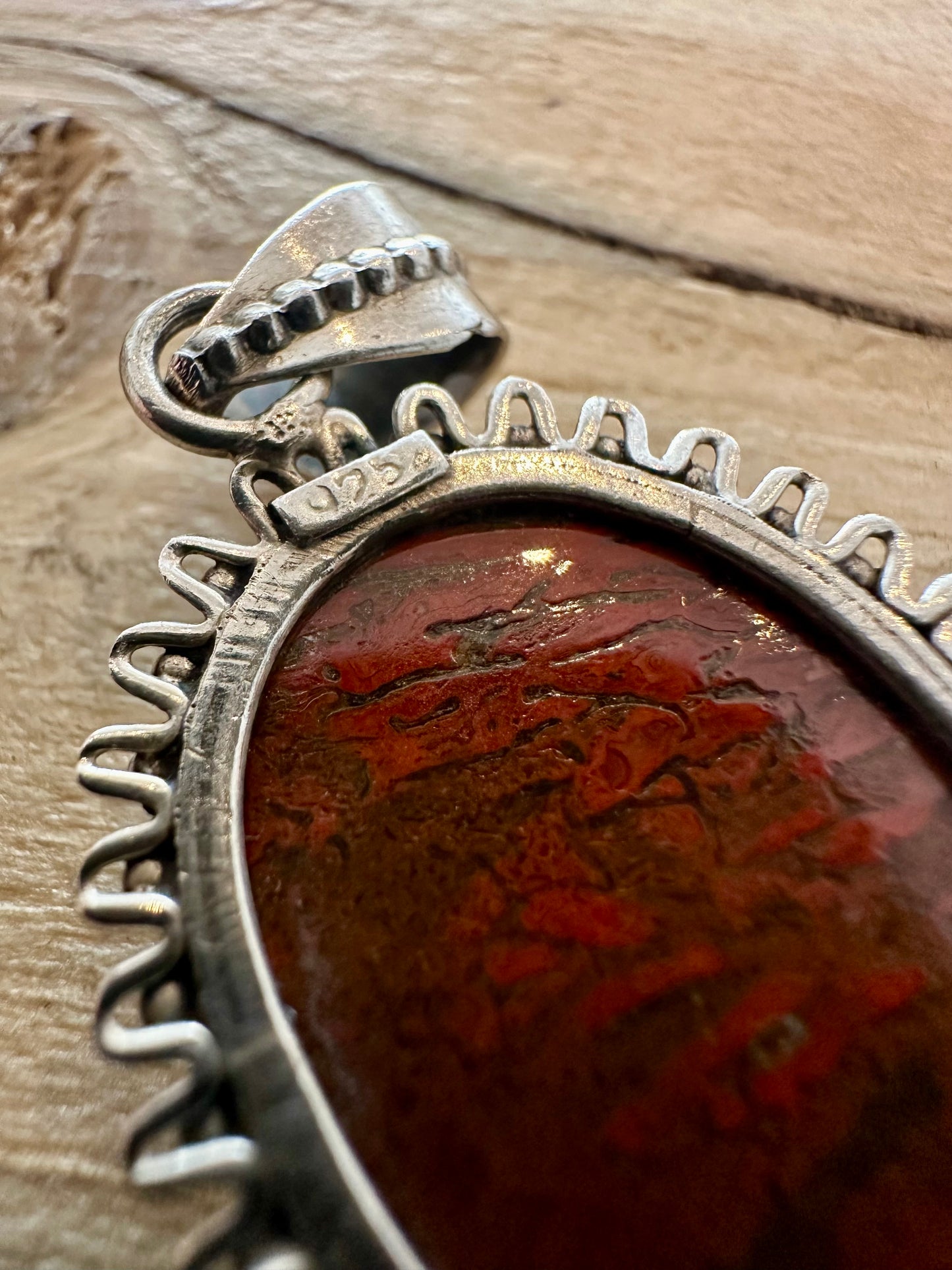 Vintage Red and Black Oval Stone 925 Silver Pendant