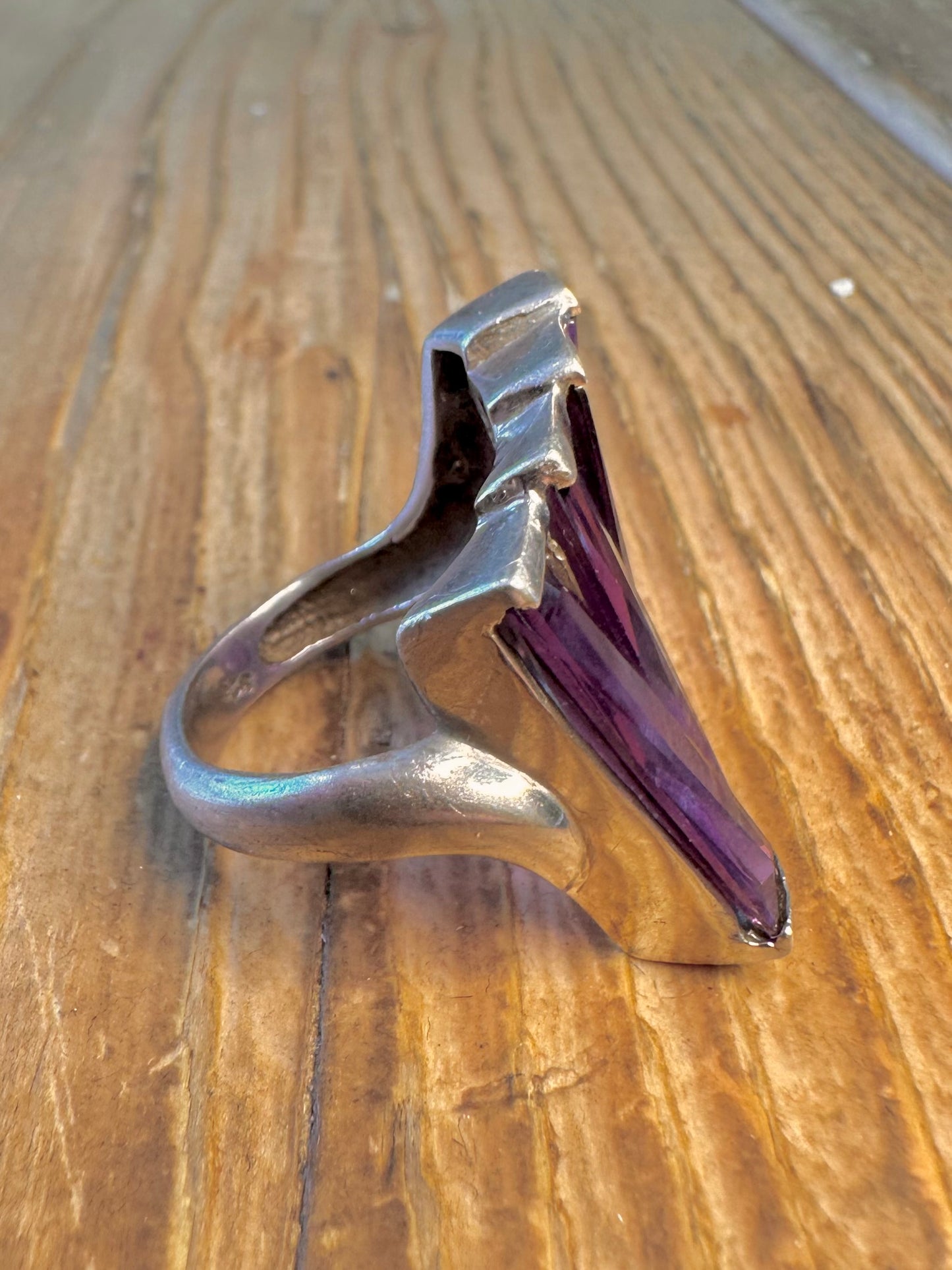 Purple Stone Baguette Cut Staggered 925 Sterling Silver Size P1/2 Ring