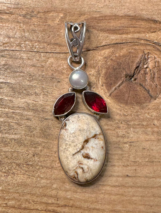 Vintage Agate Garnet and Pearl 925 Silver Pendant