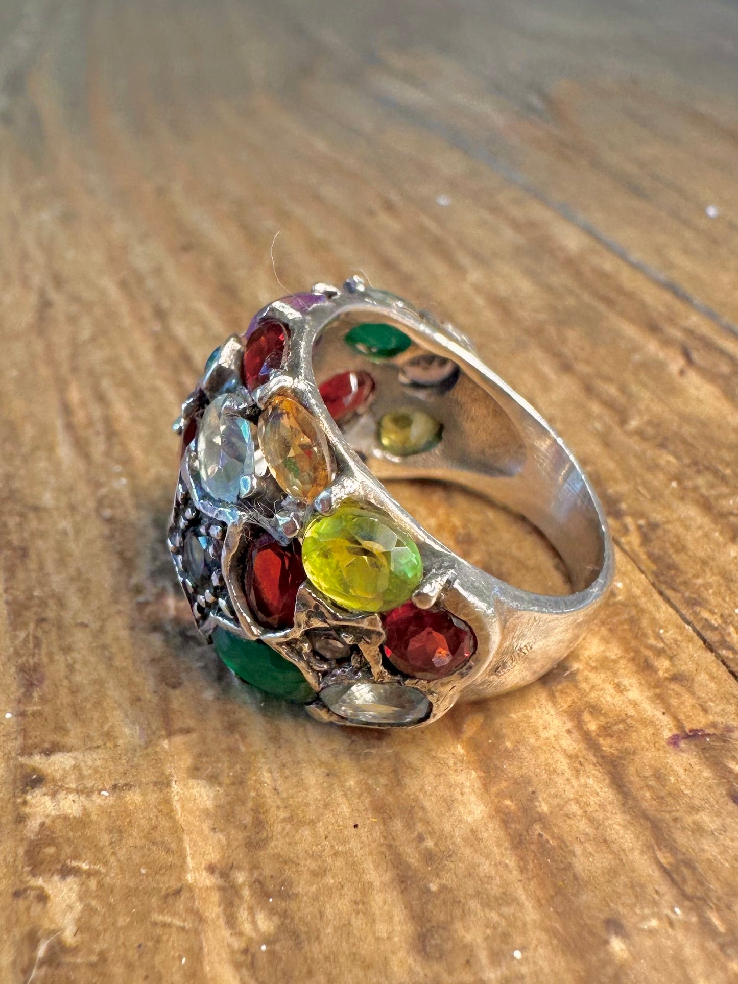 Multi Gemstone Star Dome 925 Sterling Silver Size N Ring