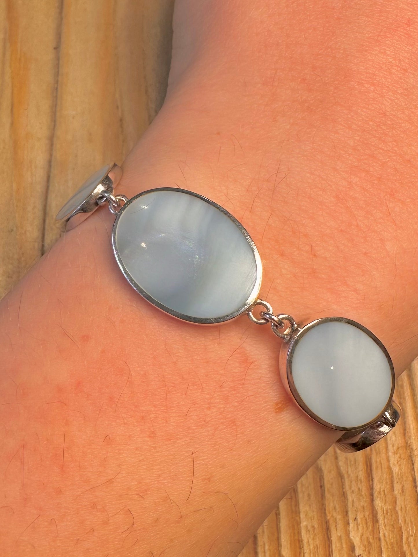 Vintage Blue Mother of Pearl Oval 935 Sterling Silver 7.6 inch Bracelet
