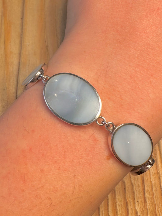 Vintage Blue Mother of Pearl Oval 935 Sterling Silver 7.6 inch Bracelet