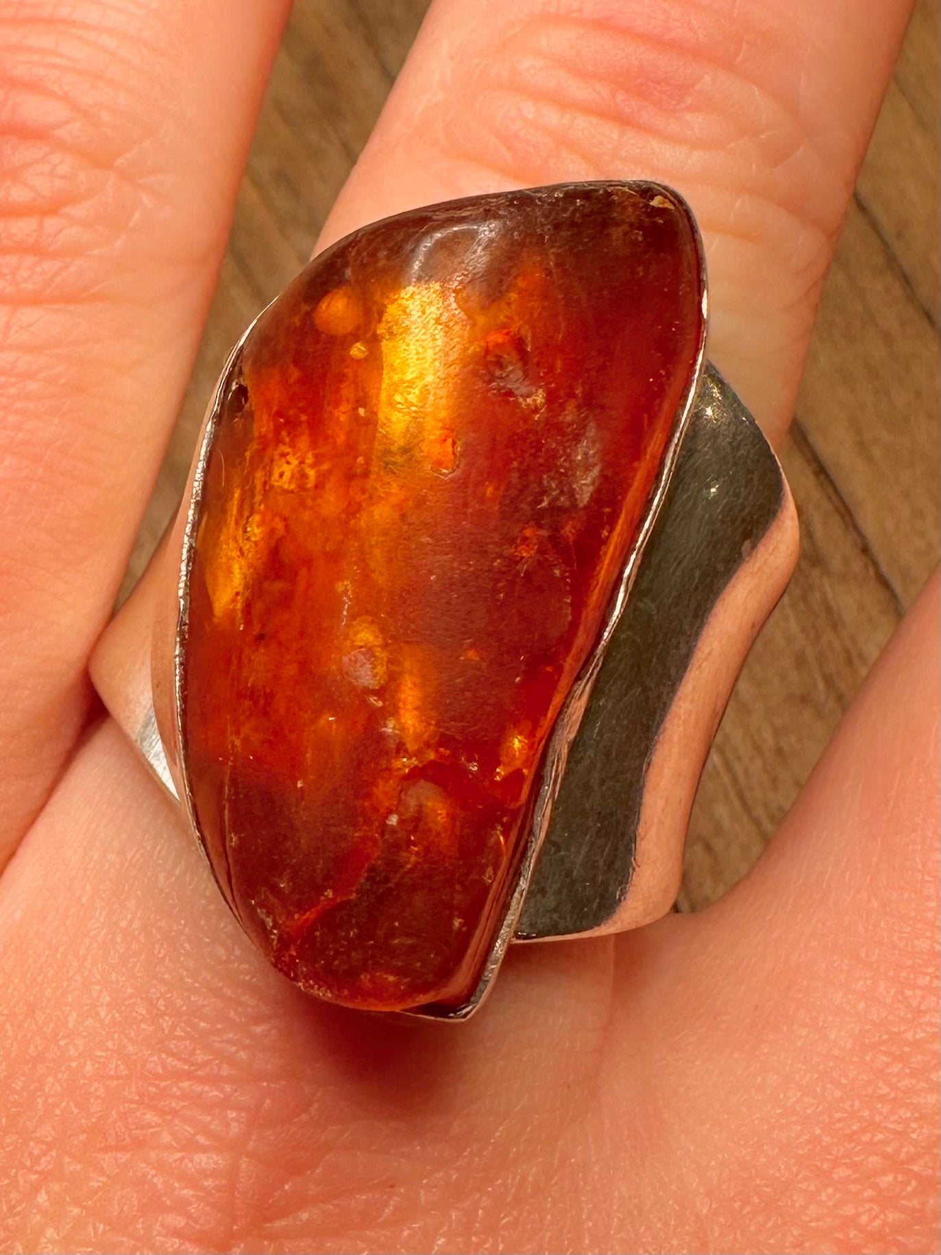 Abstract Chunky Amber 925 Sterling Silver Size R Ring