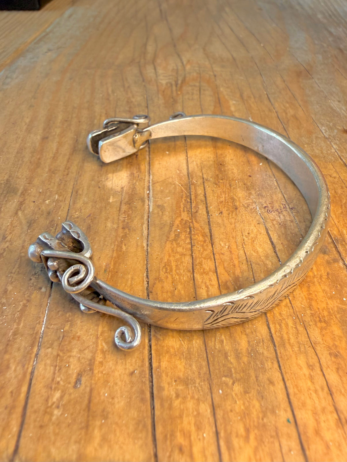 Double Headed Dragon Engraved Heavy Cuff Silver Bangle