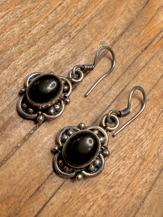 Vintage Ornate Onyx Dangle 925 Sterling Silver Earrings