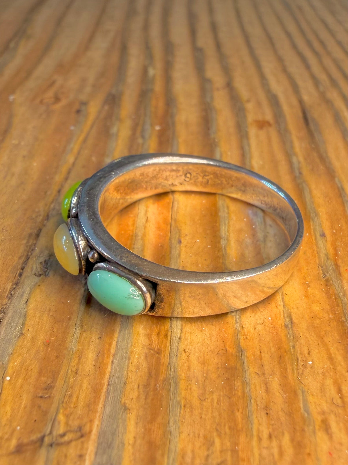 Multi Stone Cabochon Turquoise Mother of Pearl 925 Sterling Silver Size U Ring