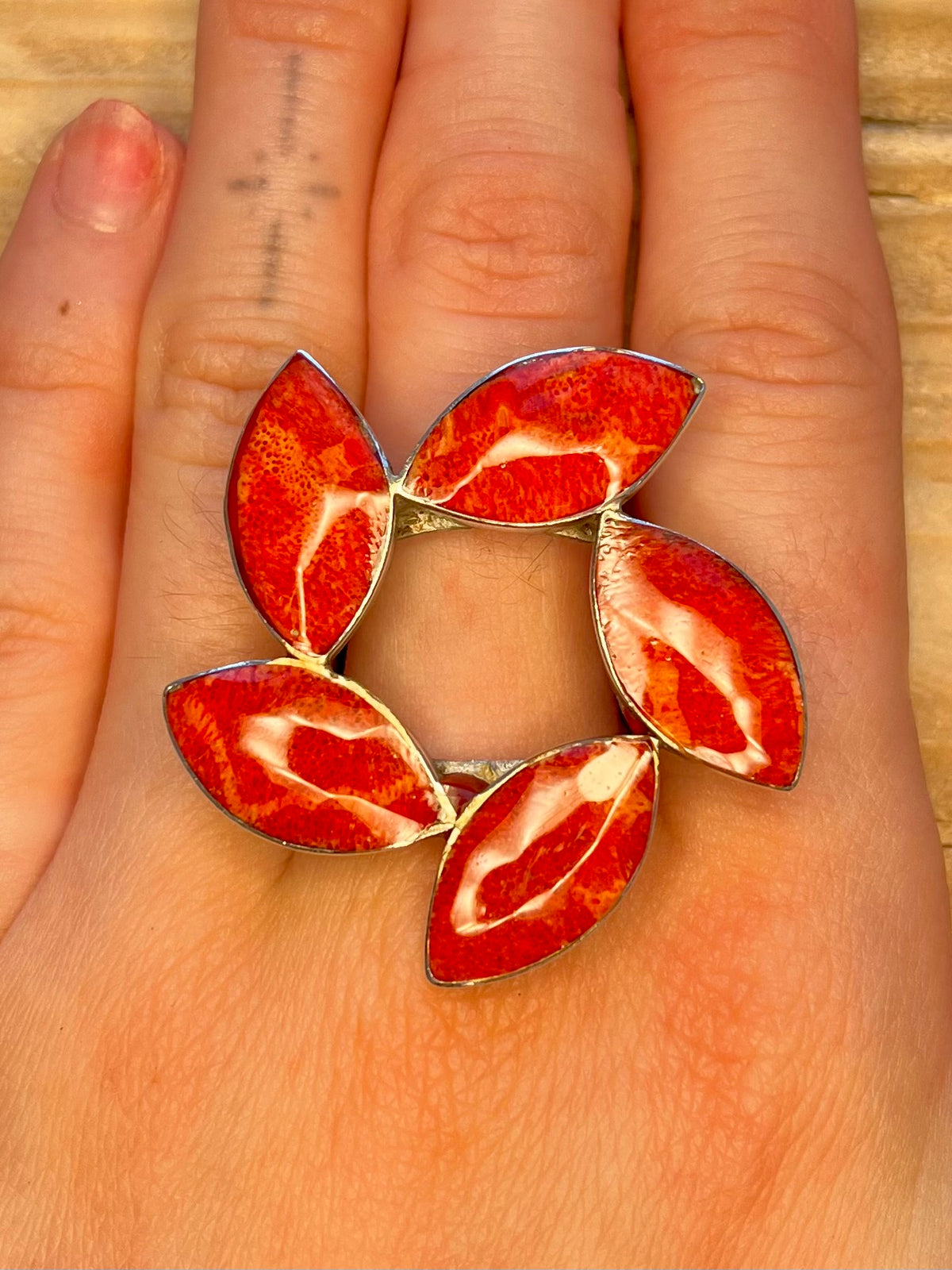 Large Coral Flower 925 Sterling Silver Size R/S Ring