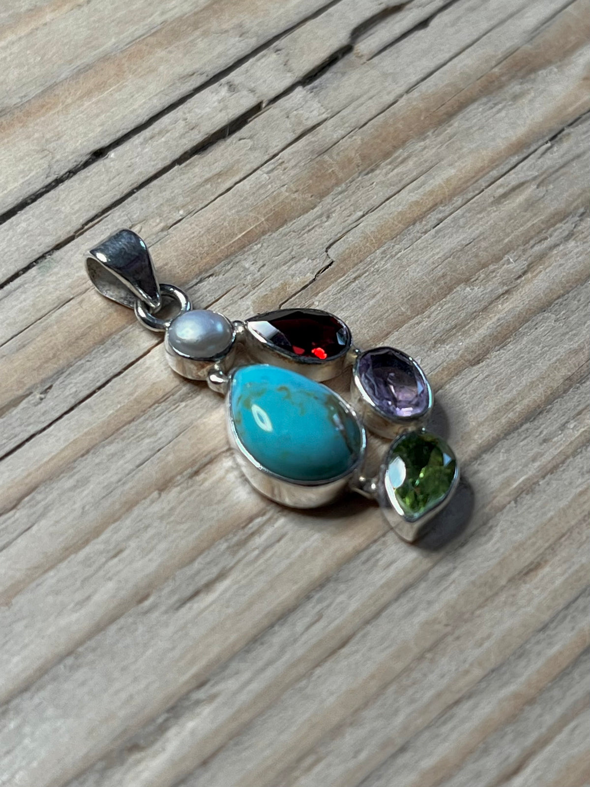 Mixed Gemstone Tear and Oval Shaped 925 Sterling Silver Pendant