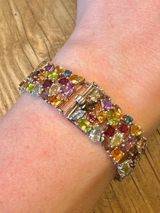 Multi Gemstone 2007 Wide 925 Sterling Silver 7.5 inch Bracelet