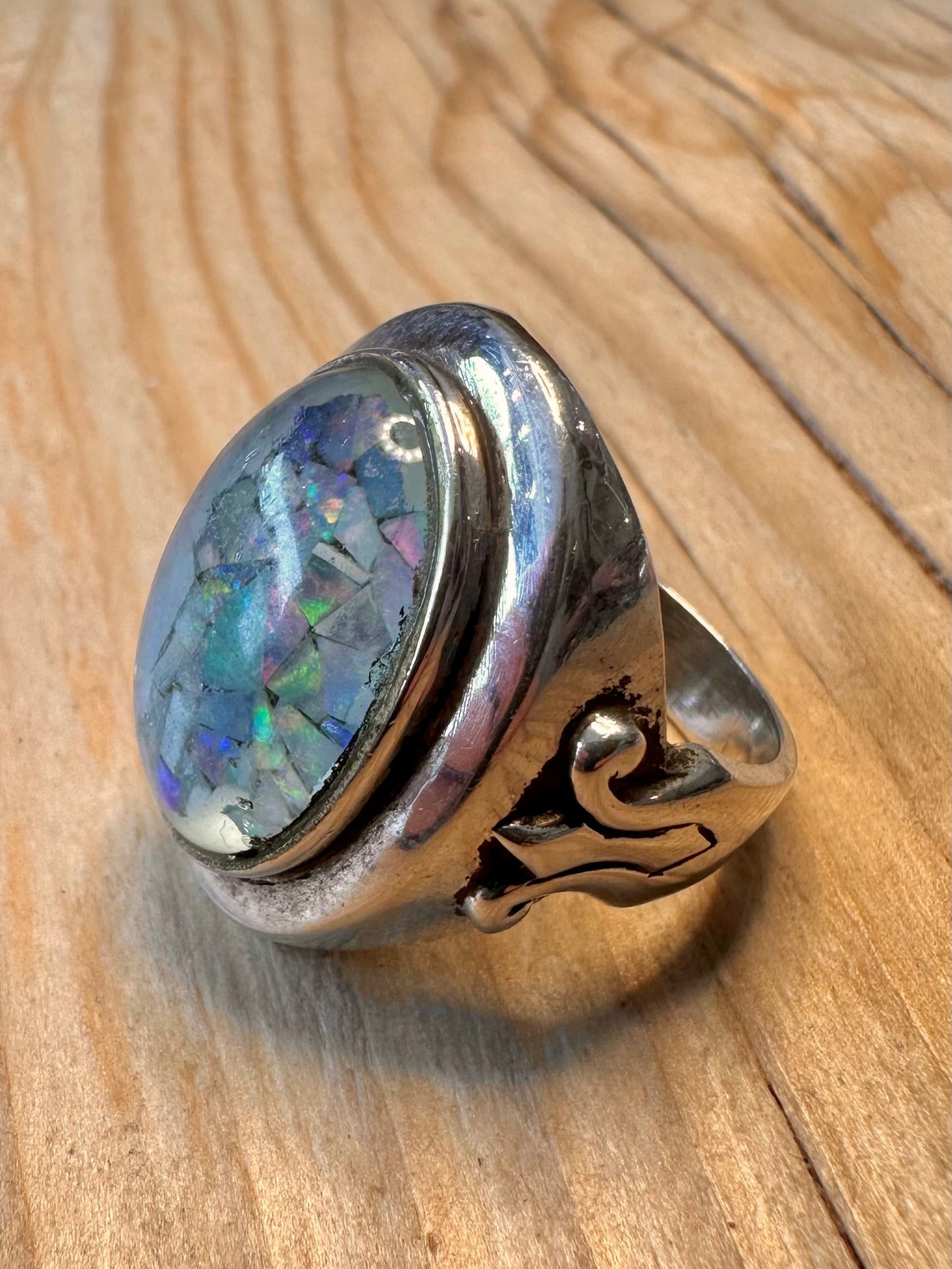 Vintage Mosaic Opal Oval 925 Silver Size R1/2 Ring