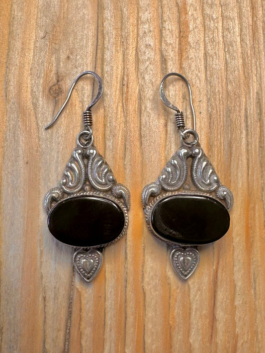 Vintage Ornate Onyx Dangle 925 Sterling Silver Earrings