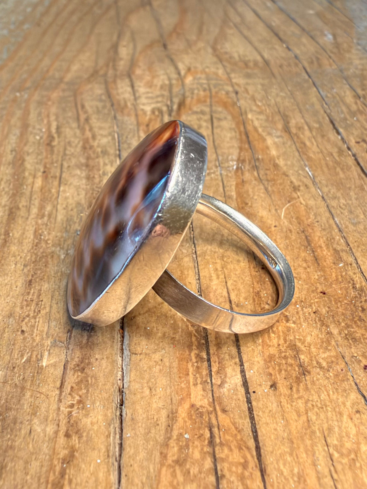 Large Oval Brown Conch Shell 925 Sterling Silver Size U Adjustable Ring