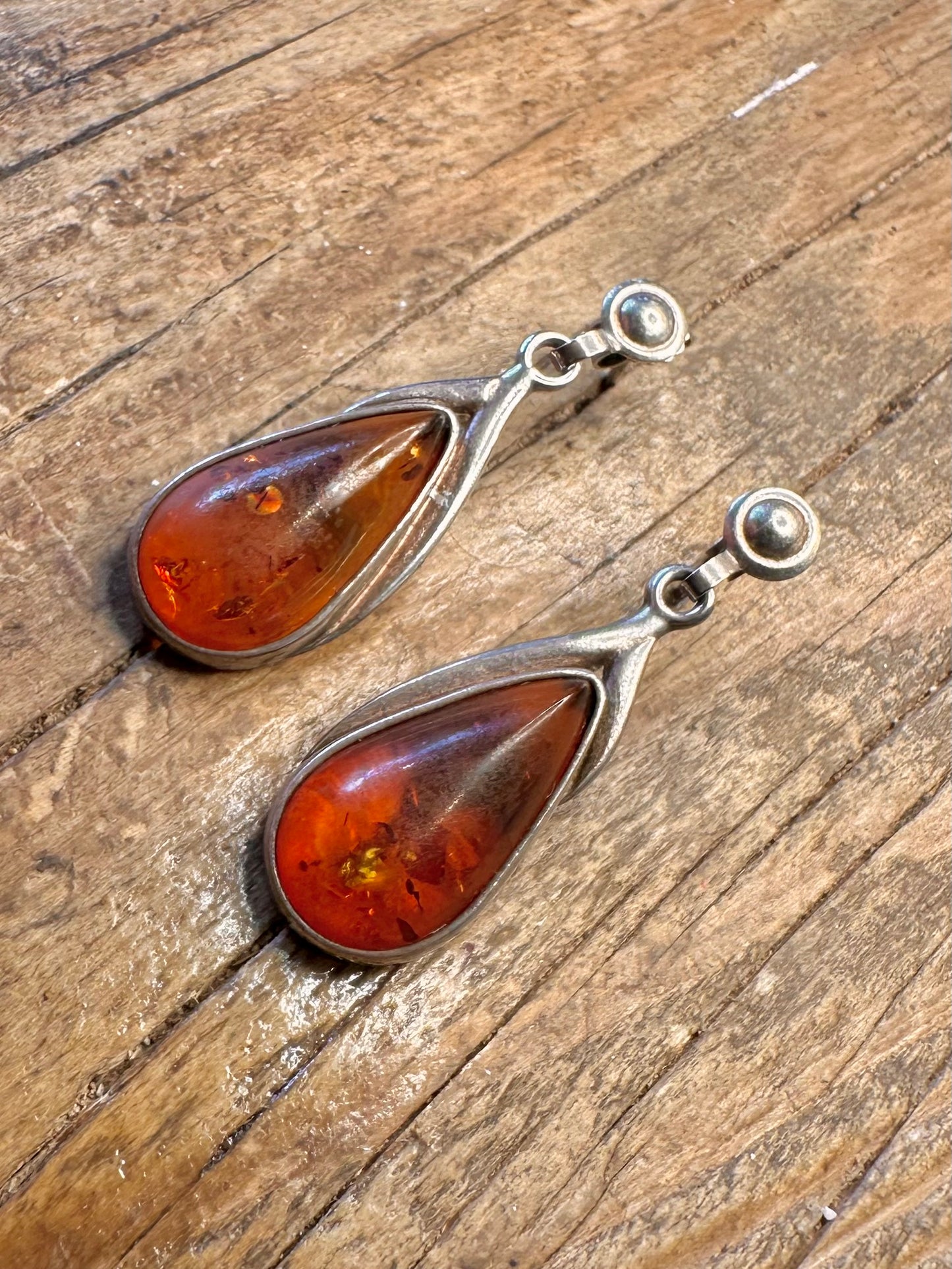 Amber Teardrop Shaped 925 Sterling Silver Earrings