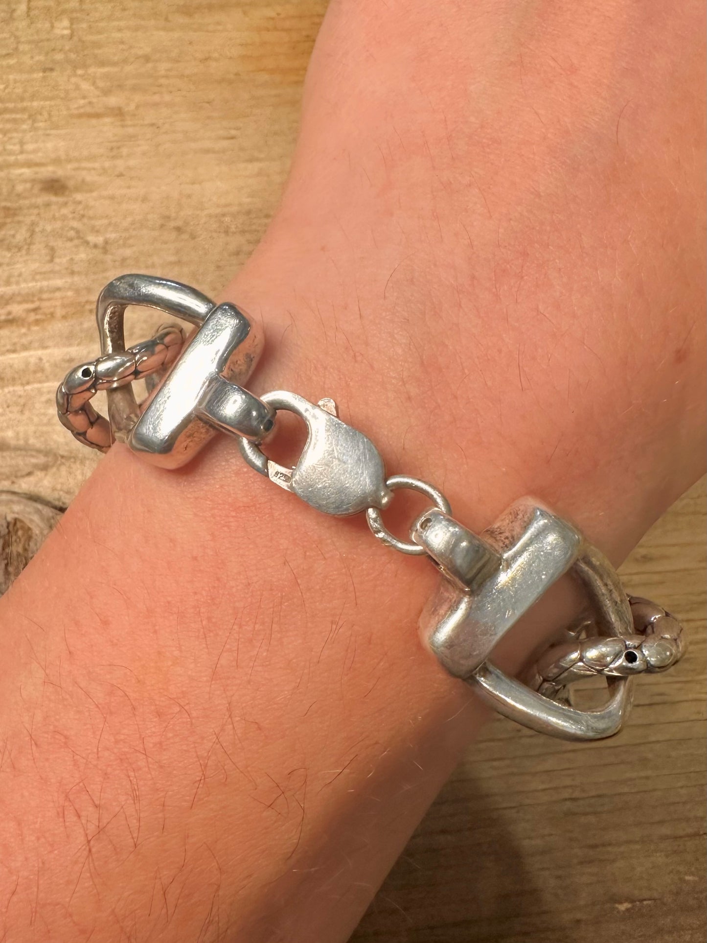 Abstract Large Textured Oval 925 Silver 8.2 inch Bracelet