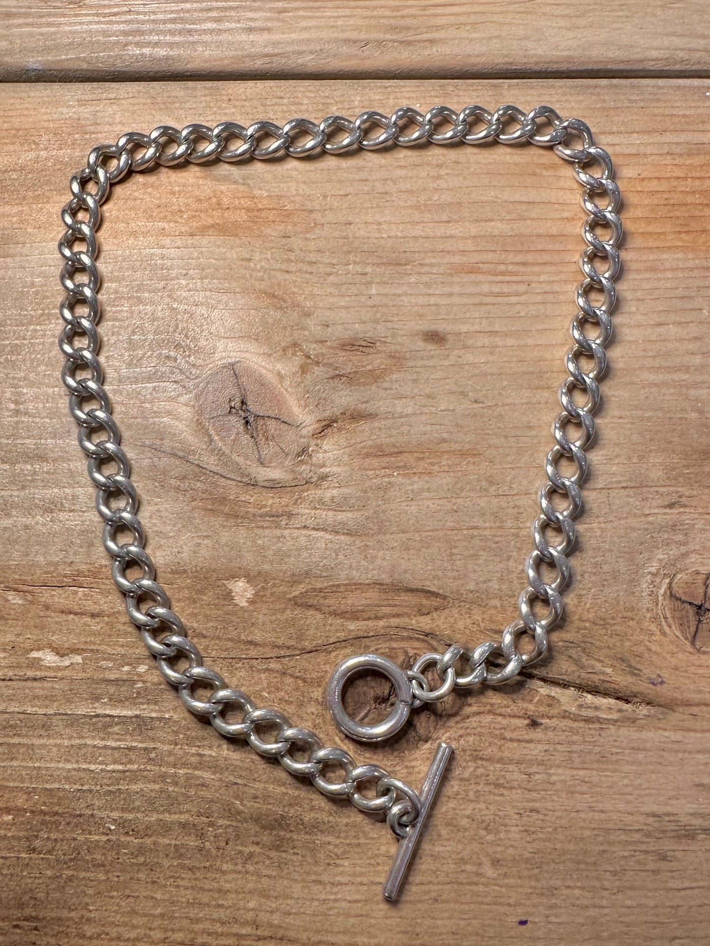 Vintage Curb Chain T Bar Clasp 925 Silver Marked Every Link 16.3 inch Necklace