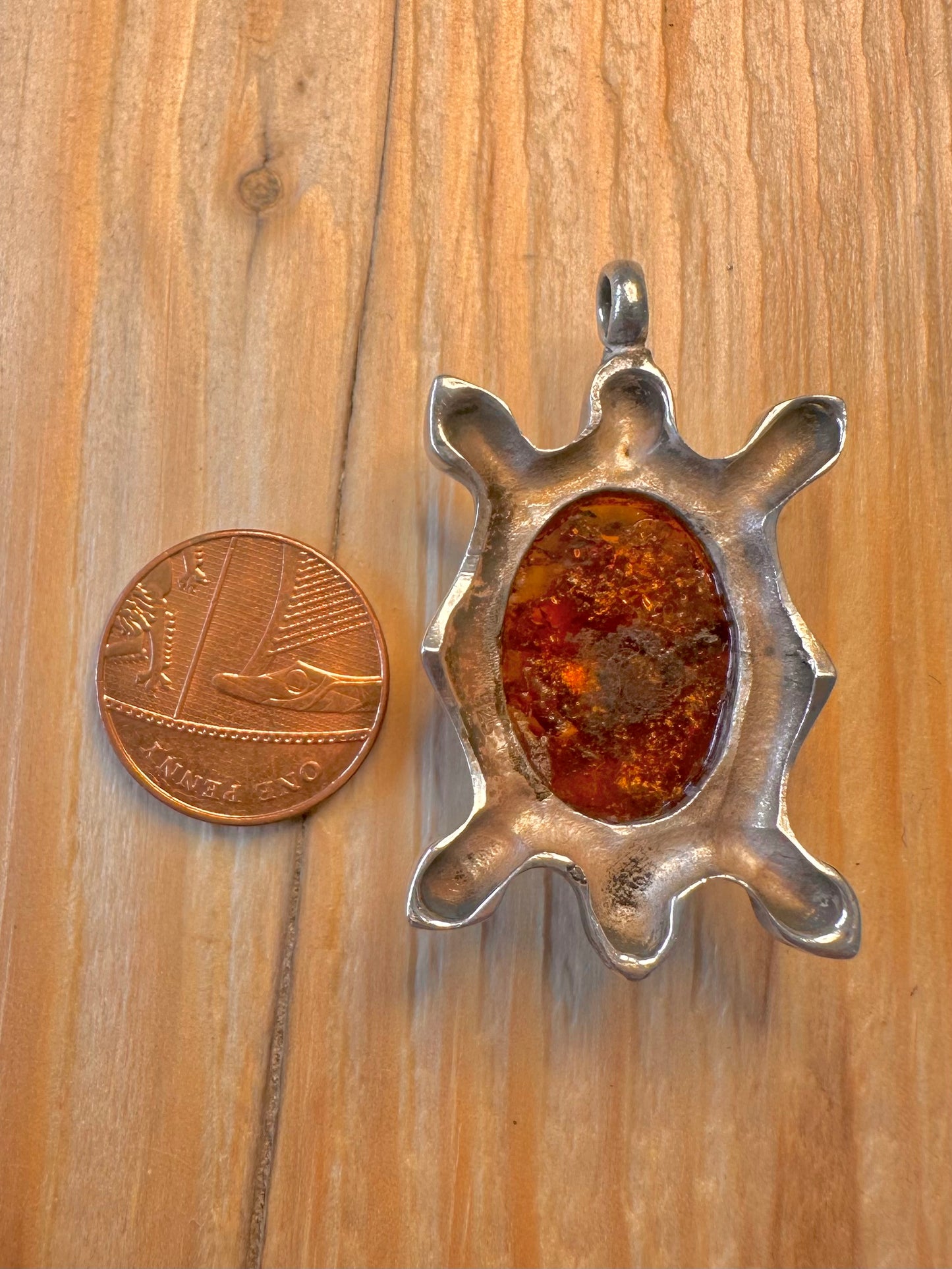 Vintage Abstract Amber Turtle 925 Silver Pendant