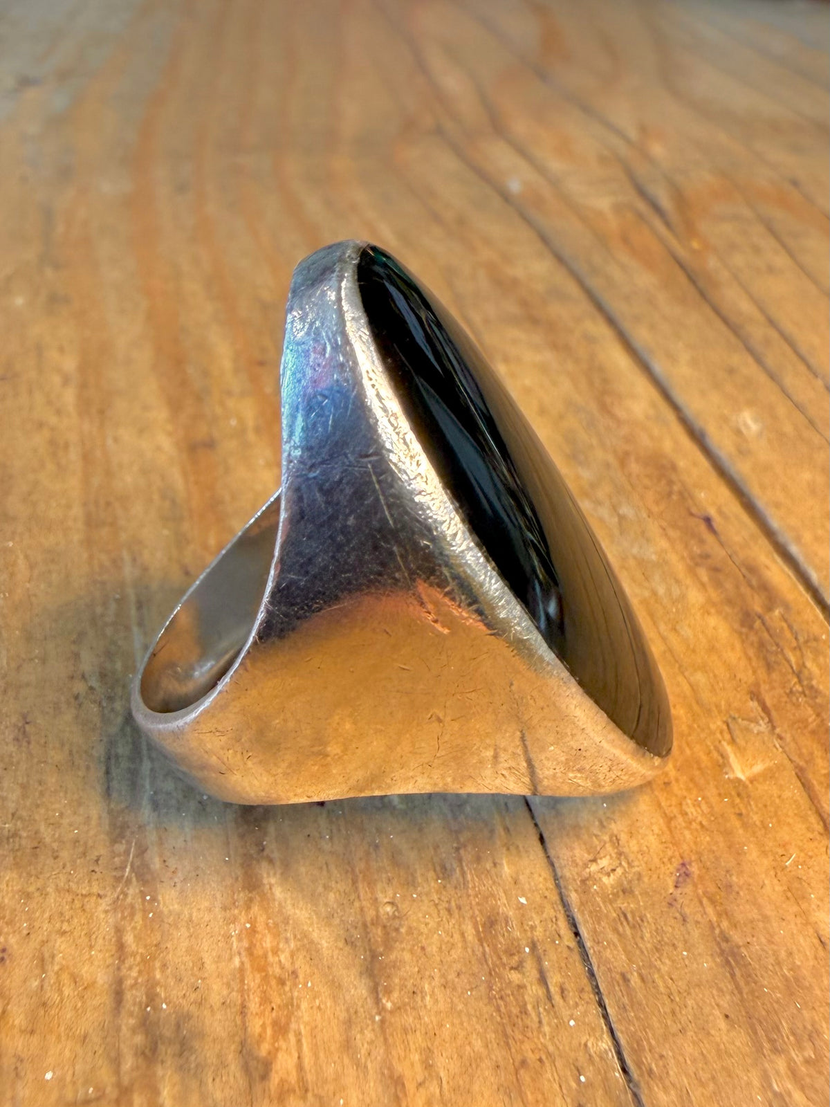 Elongated Oval Black Onyx 925 Sterling Silver Size N1/2 Ring