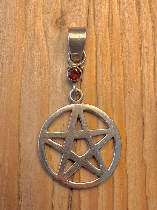 Vintage Pentagram Garnet Stone 925 Sterling Silver Pendant