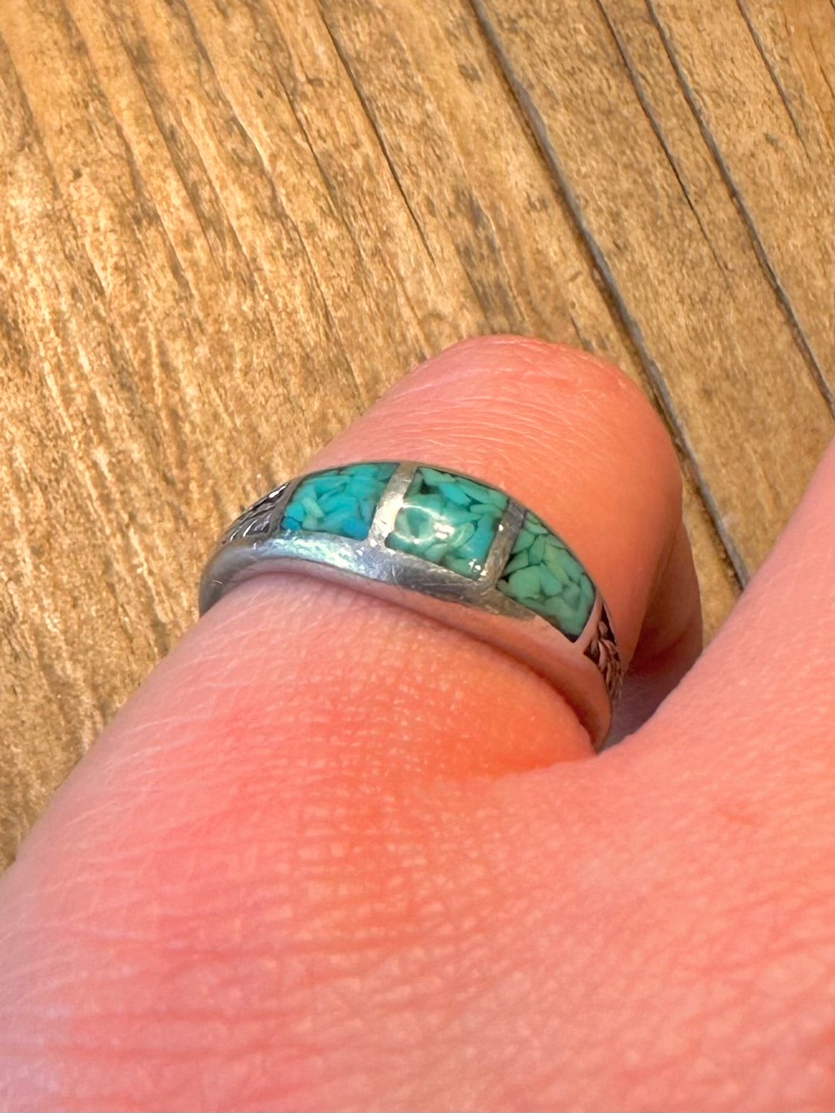 Southwestern Turquoise Inlay Leaf Design 925 Sterling Silver Size L Ring