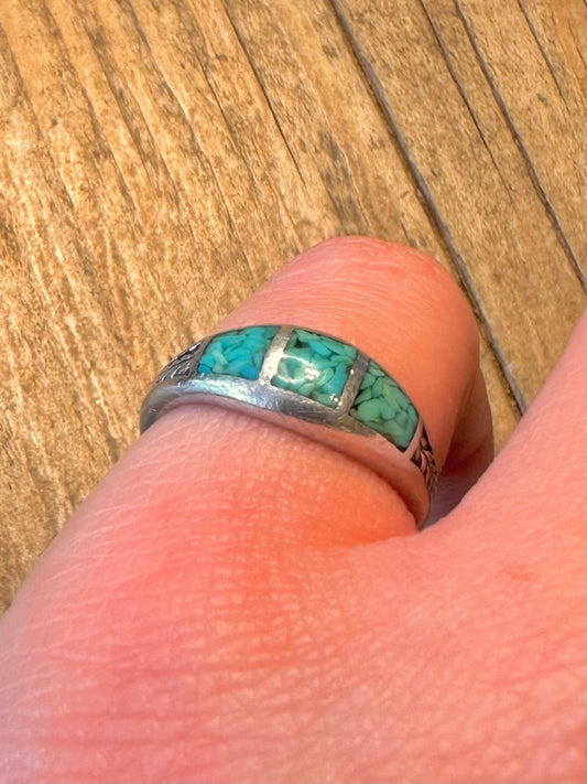 Southwestern Turquoise Inlay Leaf Design 925 Sterling Silver Size L Ring