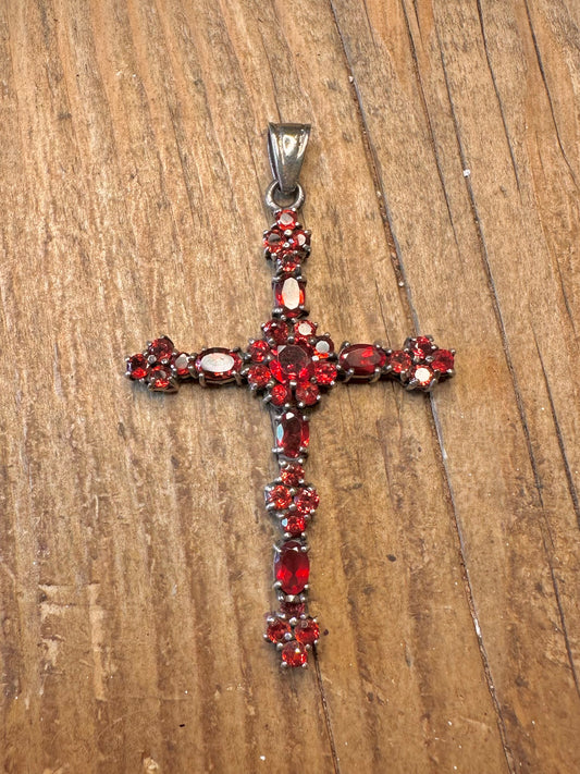 Garnet Large Cross 925 Sterling Silver Pendant