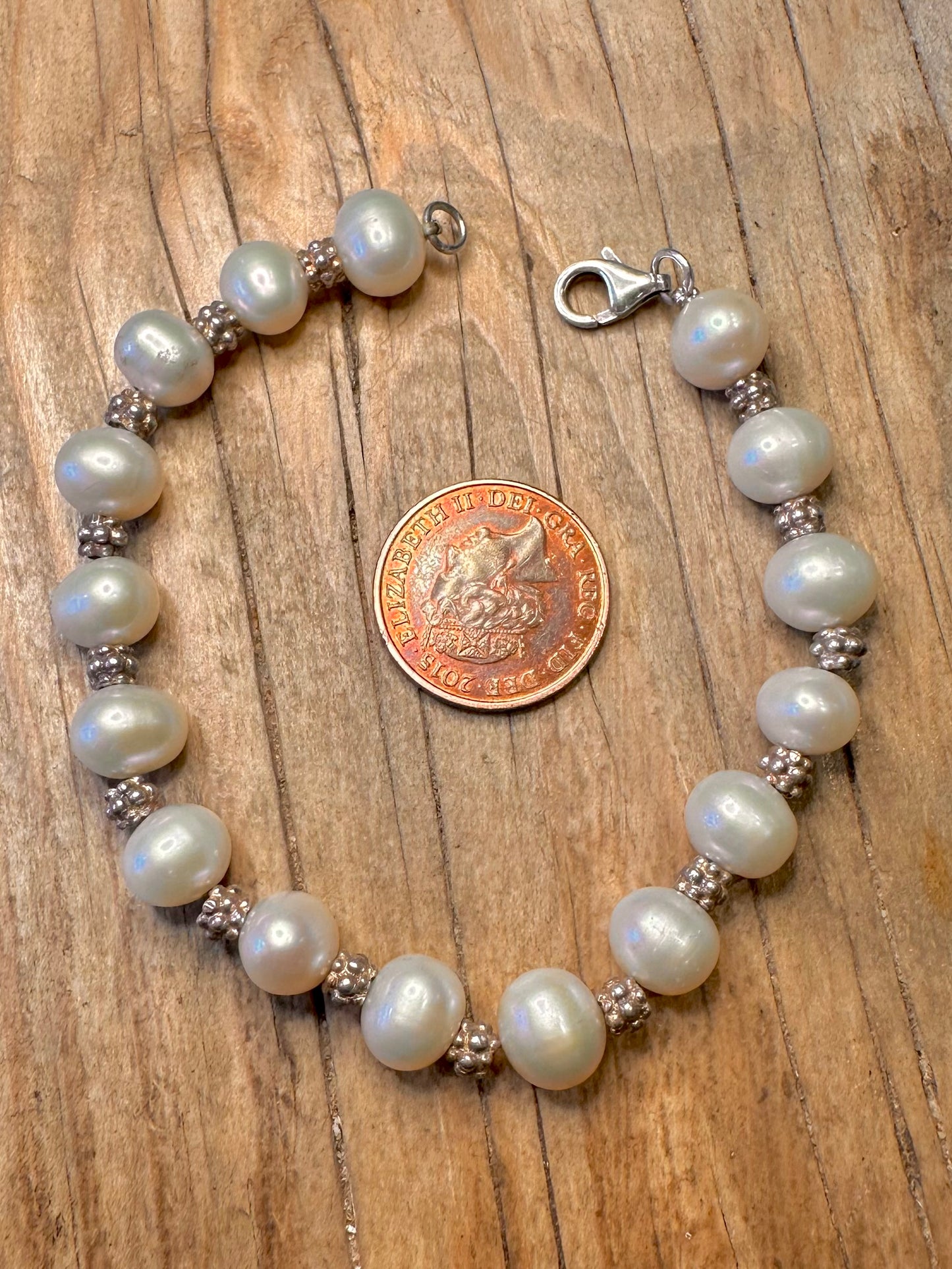 Vintage Perlen- und Gliederketten-Armband aus 925er Sterlingsilber, 19,3 cm