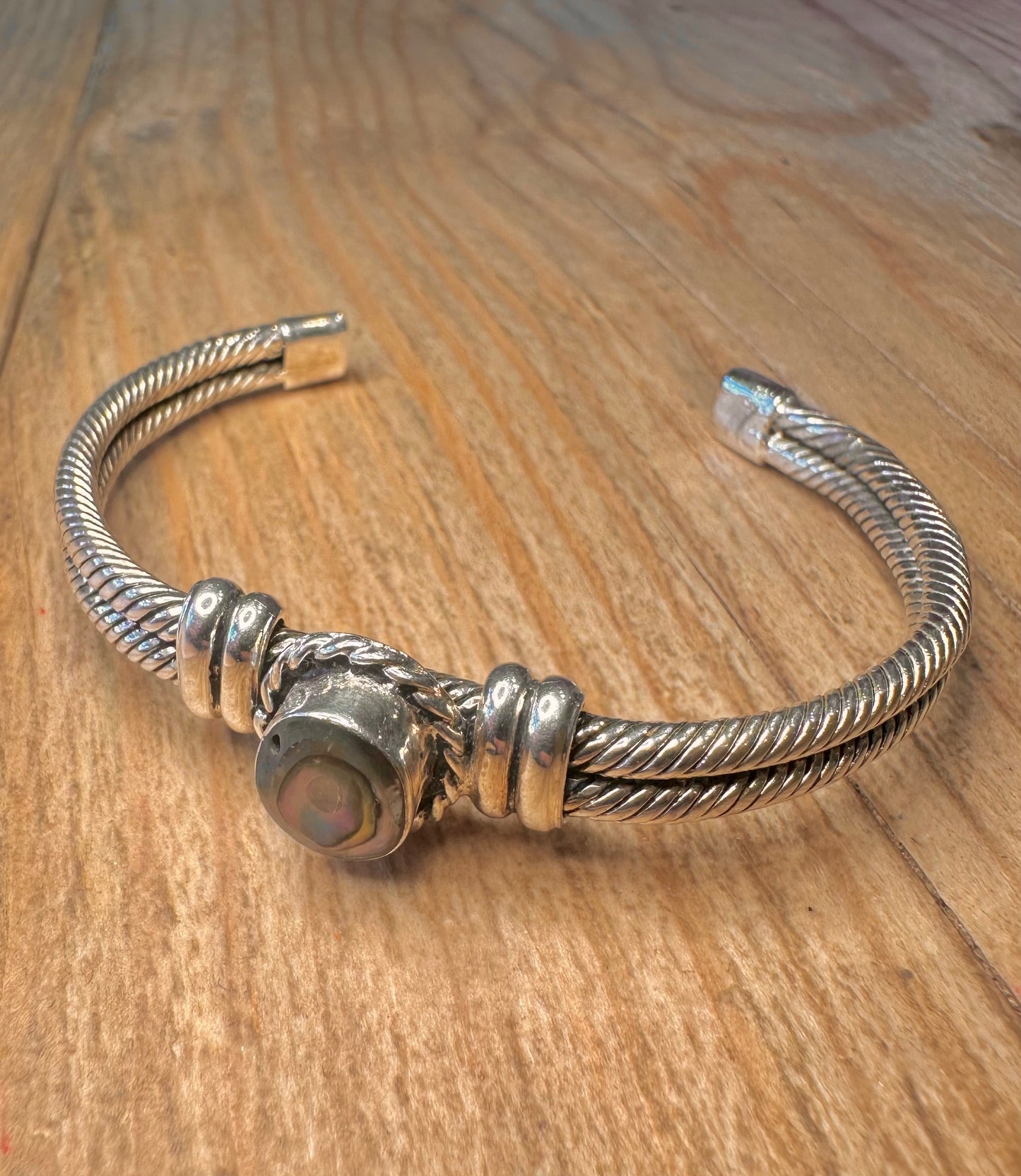 Vintage Abalone Woven Cuff 925 Sterling Silver Bangle