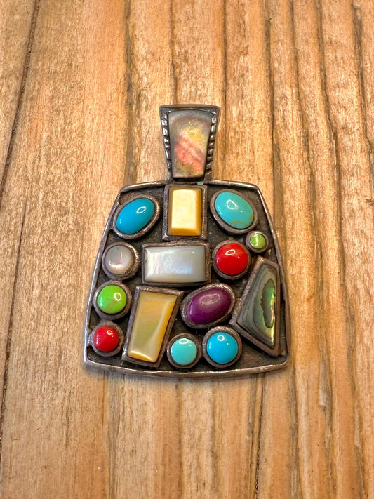 Mosaic Multi Gemstones Stones 925 Sterling Silver Pendant
