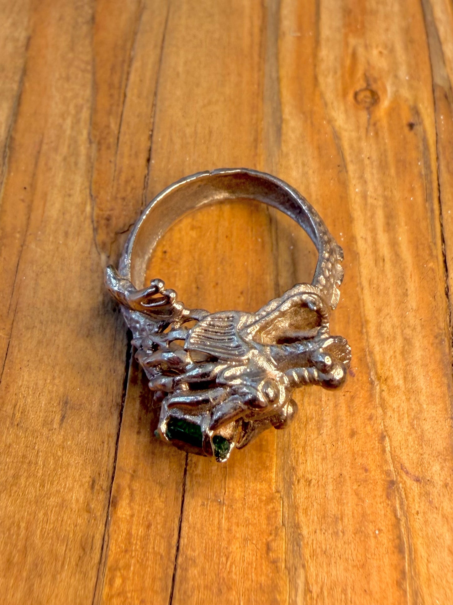 Dragon Green Stone Detailed 925 Sterling Silver Size Q1/2 Ring