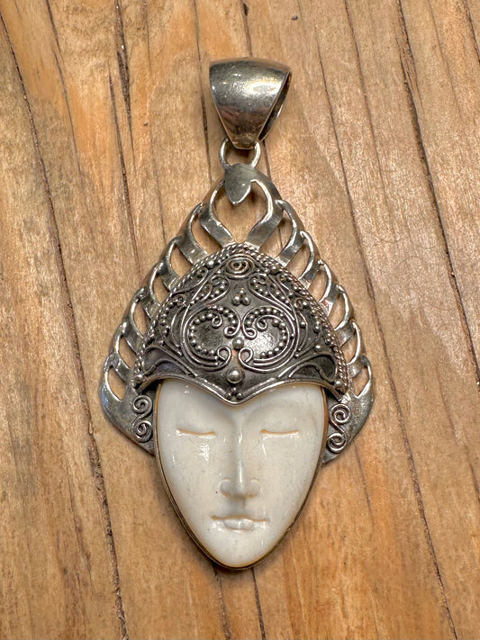 Vintage Carved Bone Ornate Head 925 Sterling Silver Pendant