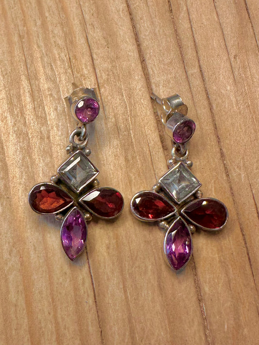 Vintage Amethyst Garnet Blue Topaz 925 Sterling Silver Earrings